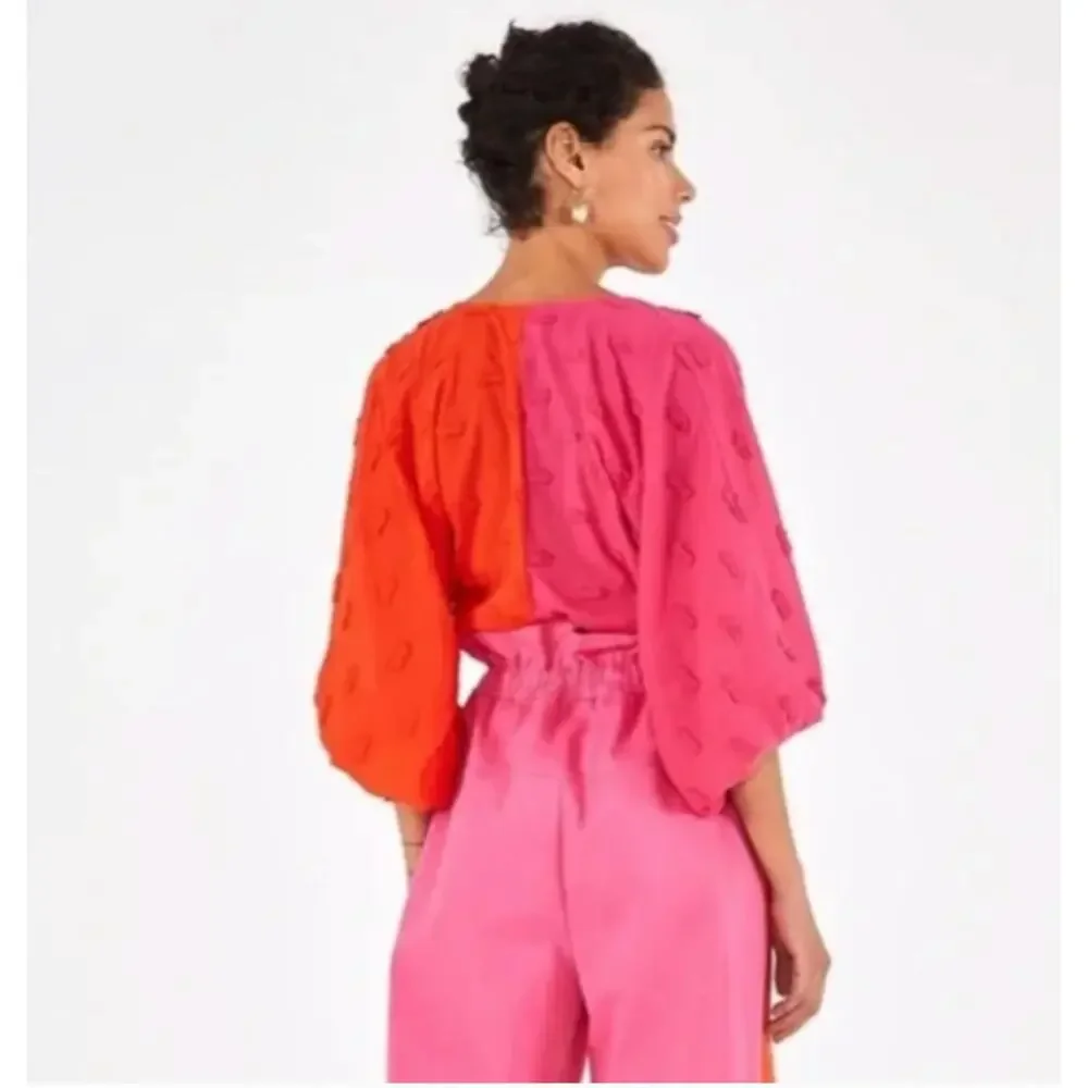 Farm Rio pink & red puff sleeve wrap blouse
